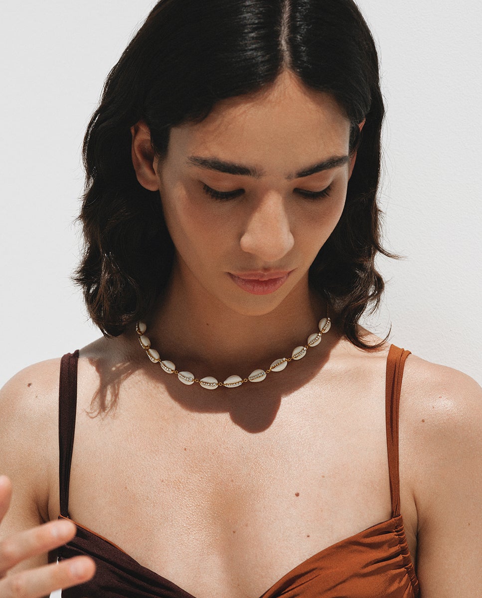 Collar de plata 925 bañada en oro amarillo de 18k con conchas marrones y cristales - Aristocrazy - Cristal Cristal-5
