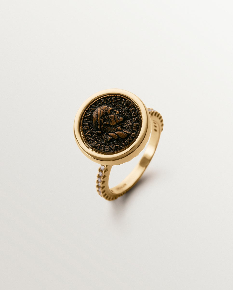 Anillo sello bañado en oro amarillo de 18k con moneda - Aristocrazy - Marrón Marrón-1