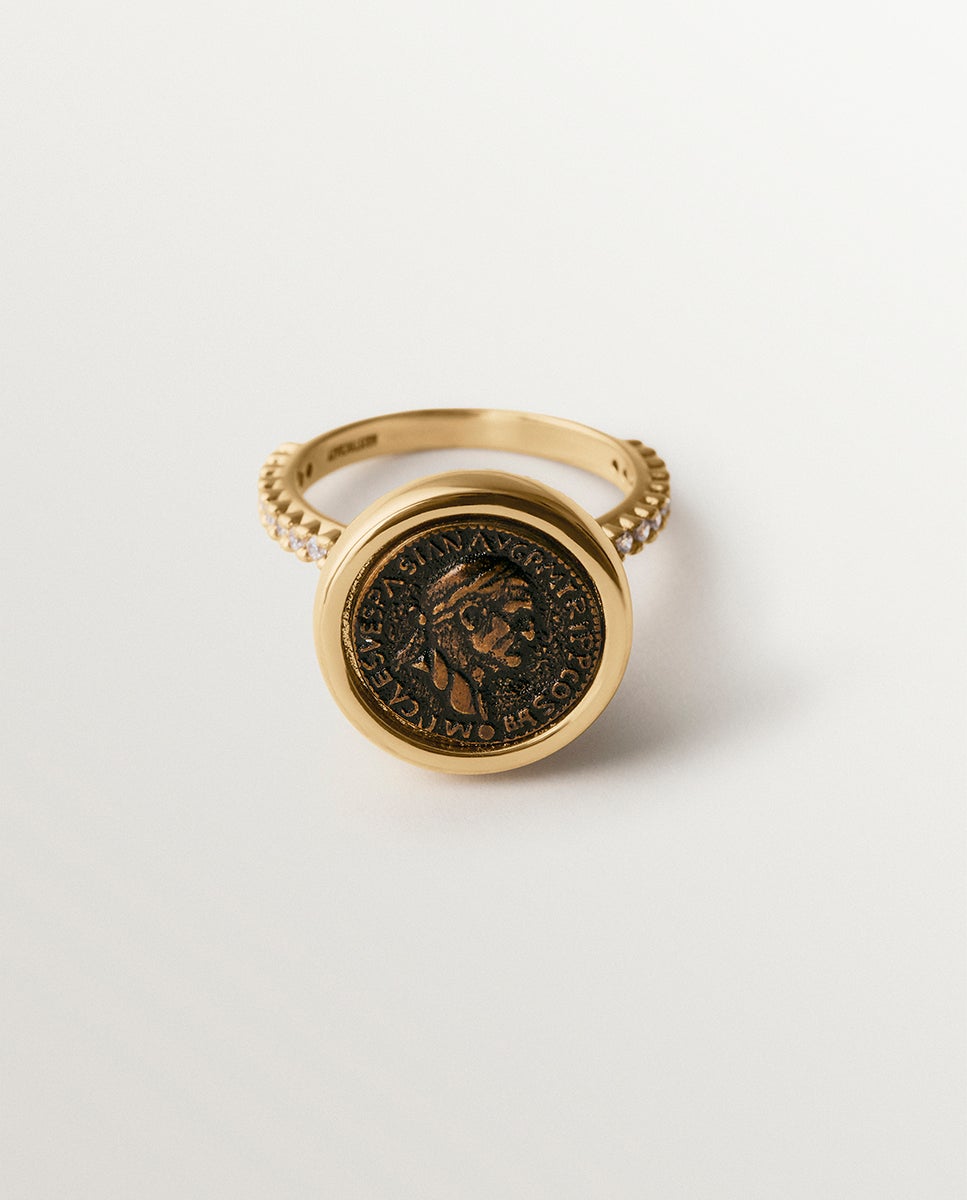 Anillo sello bañado en oro amarillo de 18k con moneda - Aristocrazy - Marrón Marrón-2