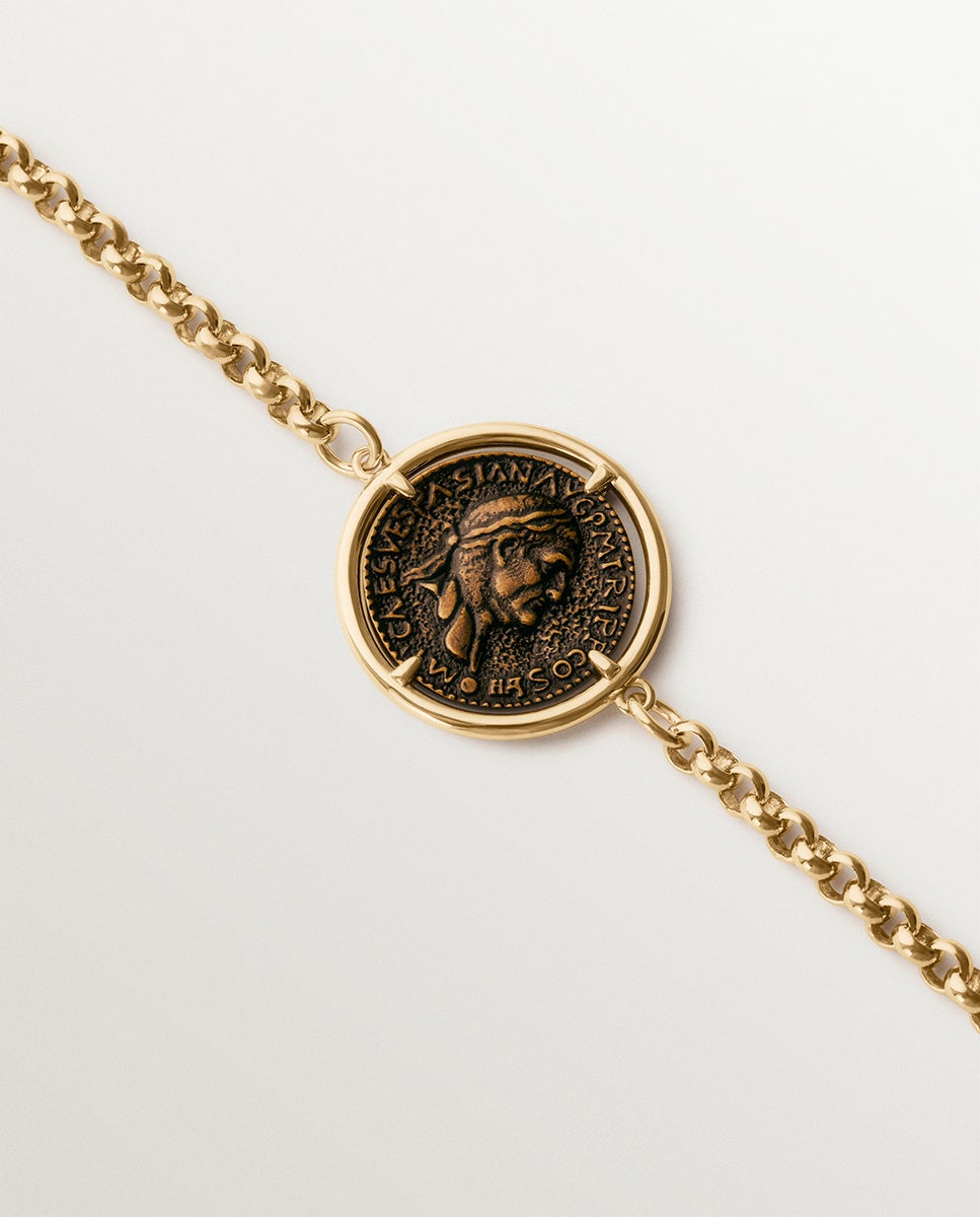 Pulsera de cadena bañada en oro amarillo de 18k con moneda - Aristocrazy - Marrón Marrón-2