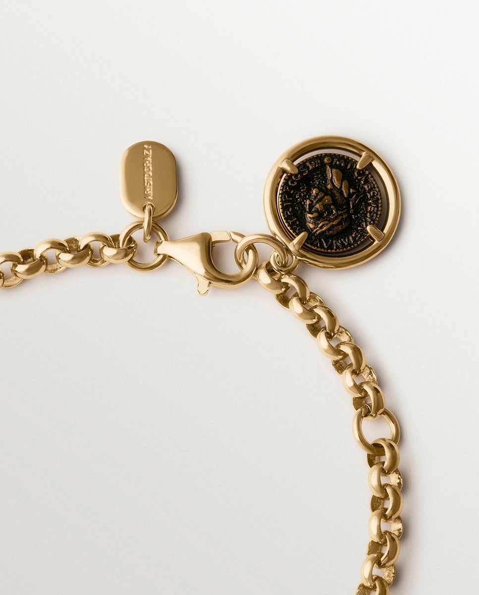 Pulsera de cadena bañada en oro amarillo de 18k con moneda - Aristocrazy - Marrón Marrón-4