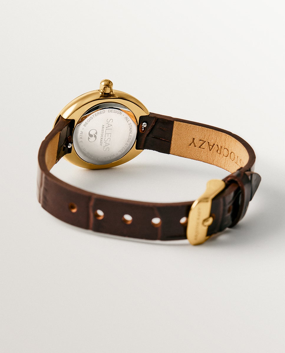 Reloj salesas de acero con esfera blanca y correa de cuero marrón - Aristocrazy - Dorado Dorado-5