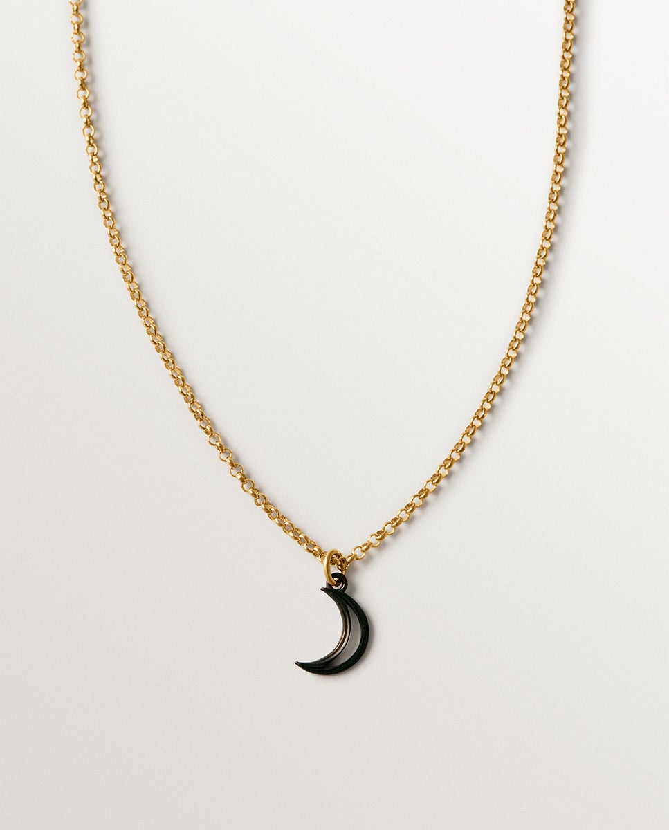 Imagen 0 de Cadena con colgante bicolor de plata 925 bañada en oro amarillo de 18k con forma de luna Negro