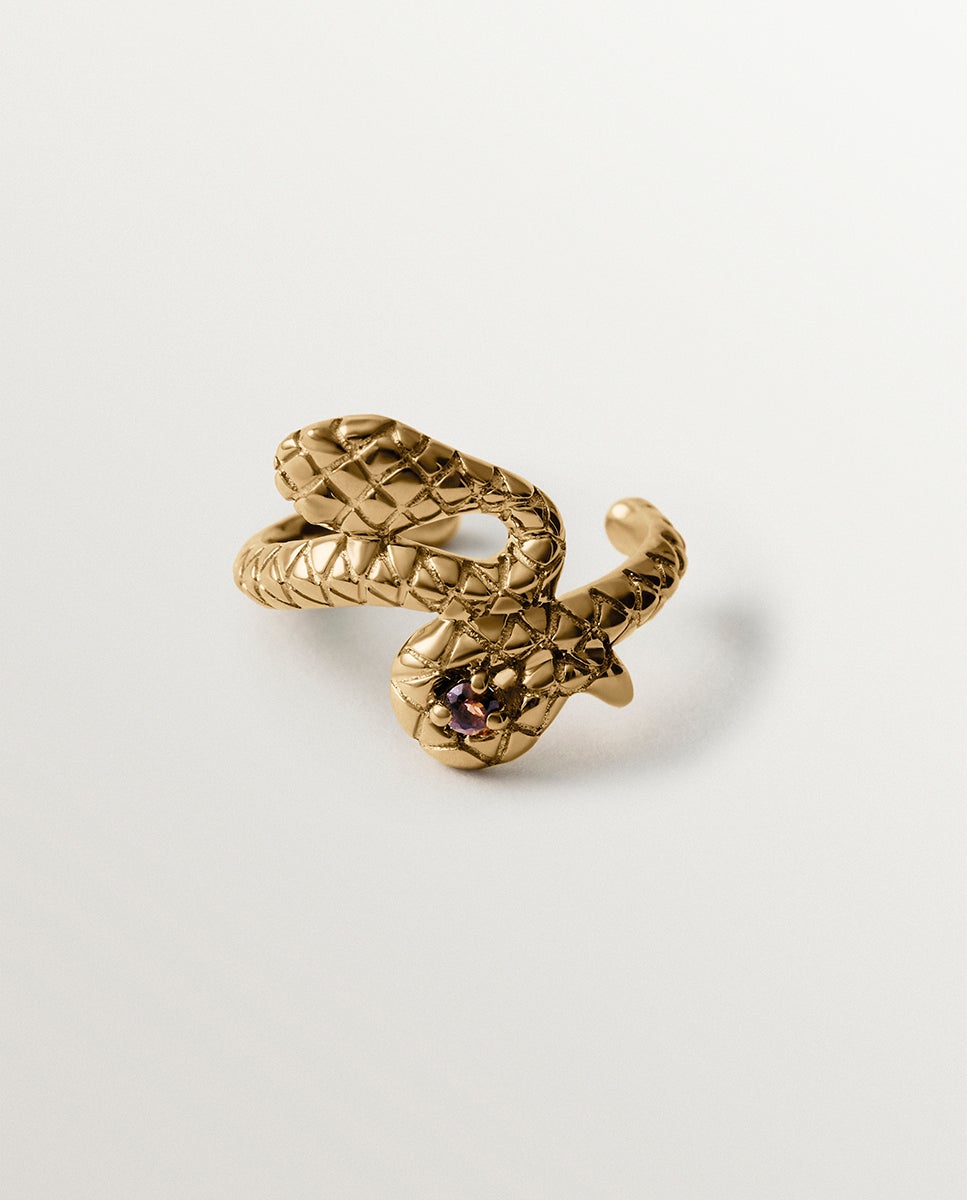 Earcuff de plata 925 bañado en oro amarillo de 18k con forma de serpiente y cuarzo fumé - Aristocrazy - Dorado Dorado-1