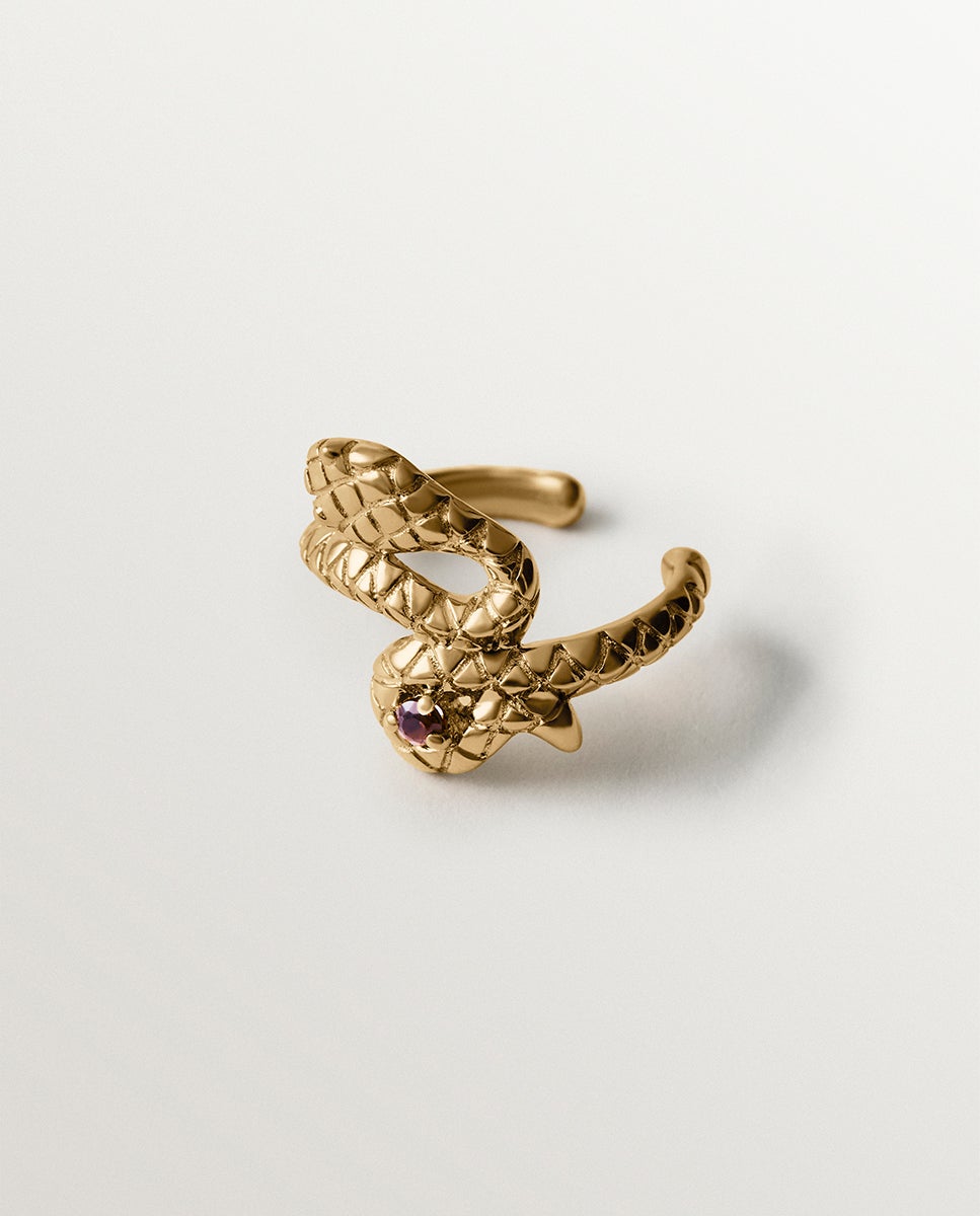 Earcuff de plata 925 bañado en oro amarillo de 18k con forma de serpiente y cuarzo fumé - Aristocrazy - Dorado Dorado-3