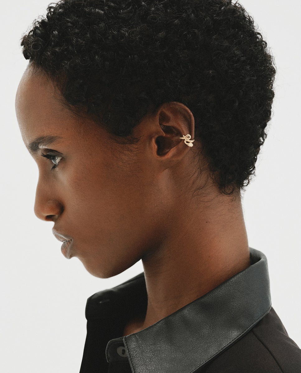 Earcuff de plata 925 bañado en oro amarillo de 18k con forma de serpiente y cuarzo fumé - Aristocrazy - Dorado Dorado-4