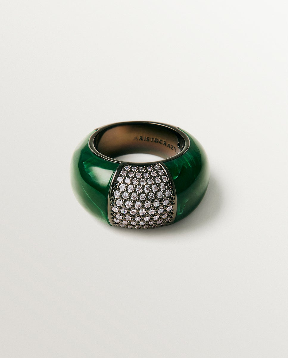 Anillo abombado con resina verde y cristales - Aristocrazy - Plateado Plateado-3