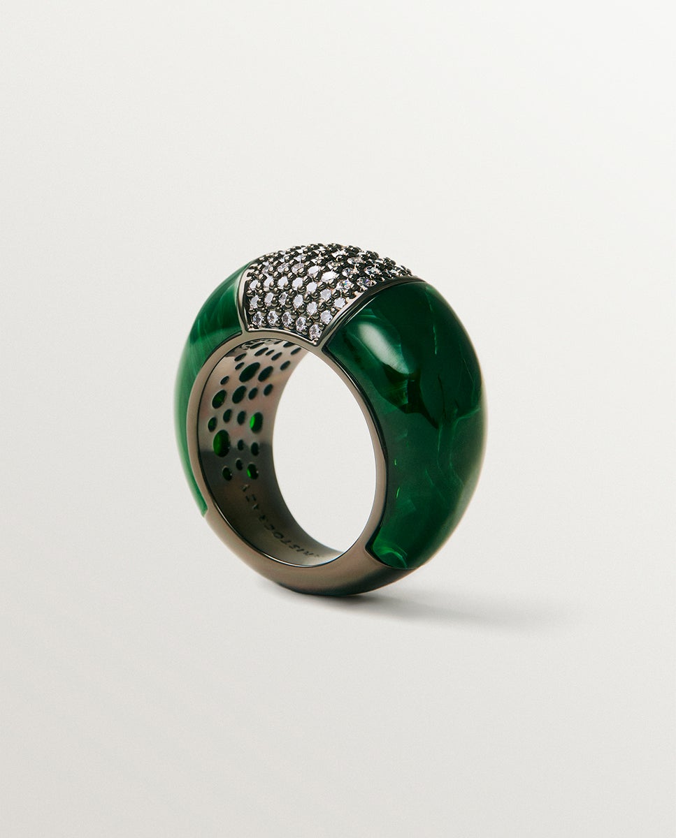 Anillo abombado con resina verde y cristales - Aristocrazy - Plateado Plateado-5