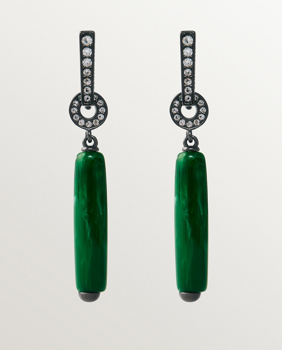 Pendientes largos con efecto cepillado, resina verde y cristales - Aristocrazy - Plateado Plateado-1