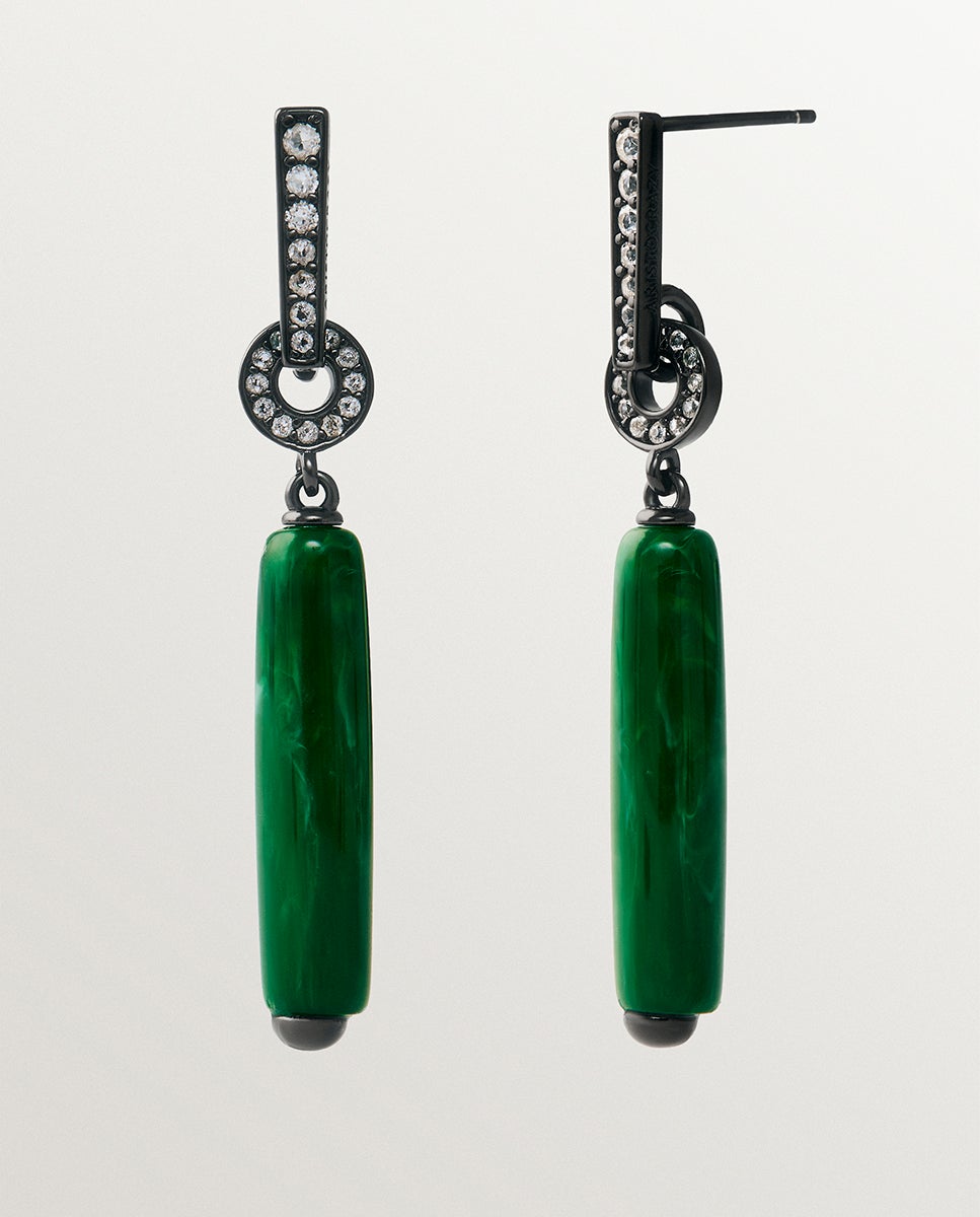Pendientes largos con efecto cepillado, resina verde y cristales - Aristocrazy - Plateado Plateado-2