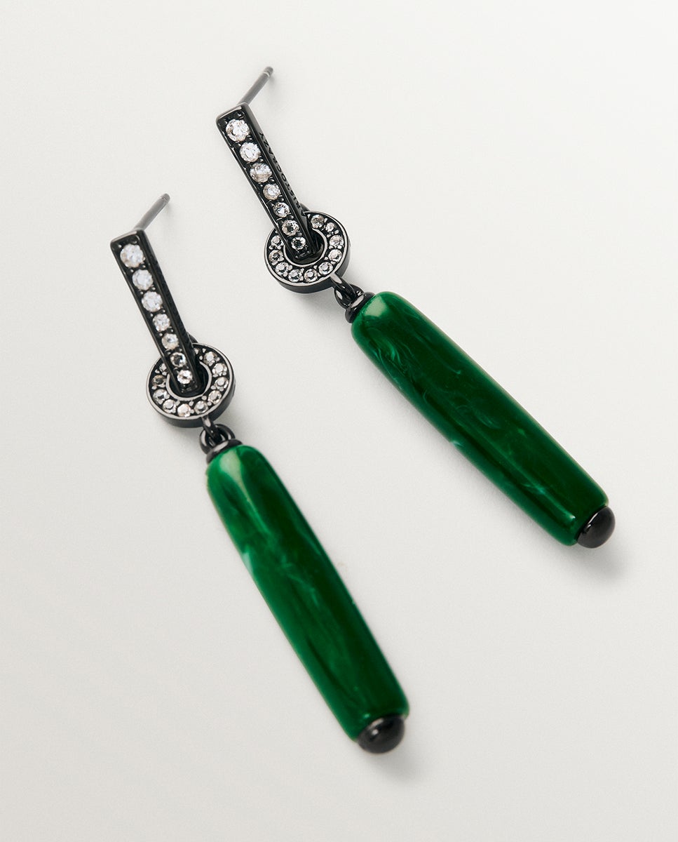 Pendientes largos con efecto cepillado, resina verde y cristales - Aristocrazy - Plateado Plateado-3