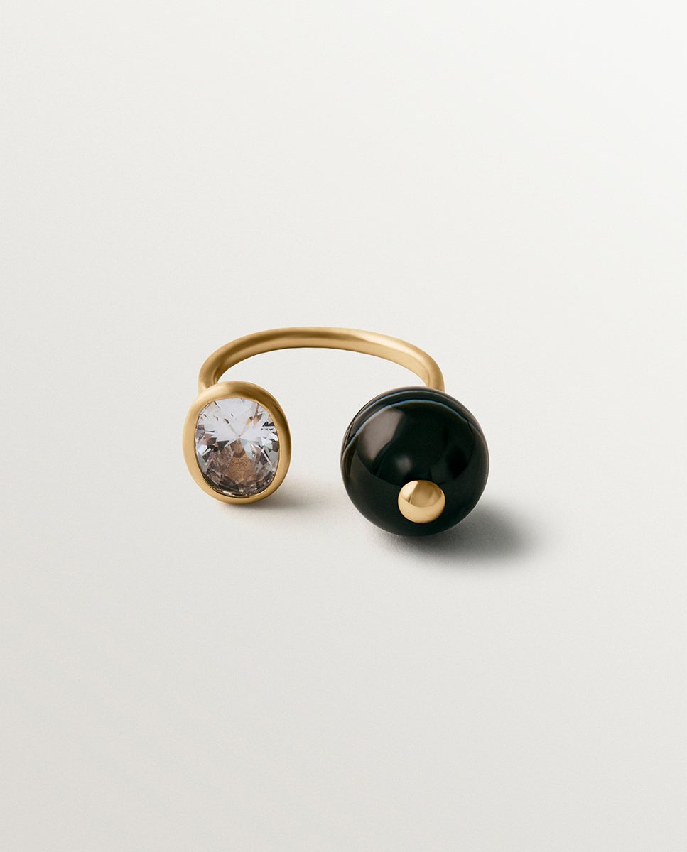 Anillo abierto bañado en oro de 18k con efecto cepillado, ágata negra, topacio y motivo de esferas - Aristocrazy - Negro Negro-2