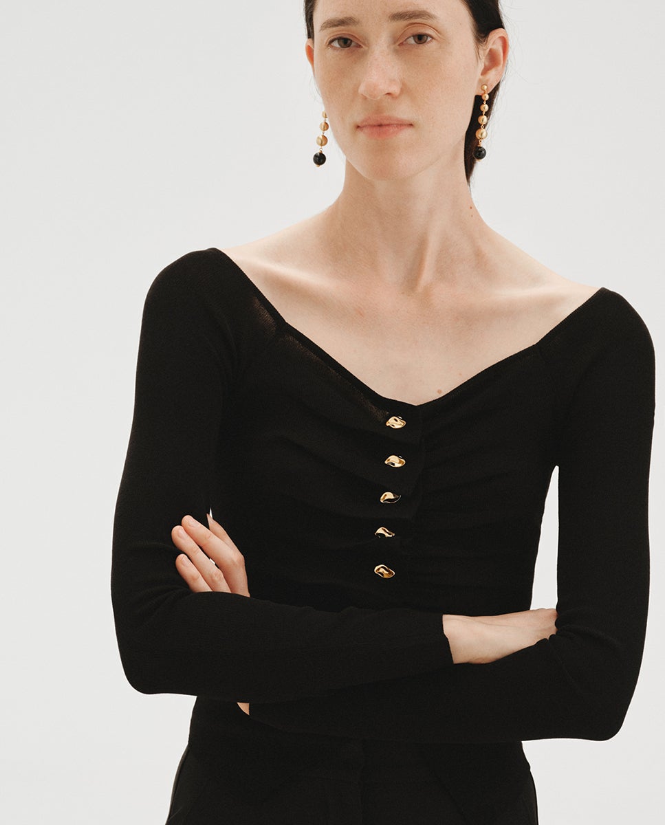 Pendientes largos bañados en oro de 18k con efecto cepillado, ágata negra y motivos de esferas - Aristocrazy - Negro Negro-4