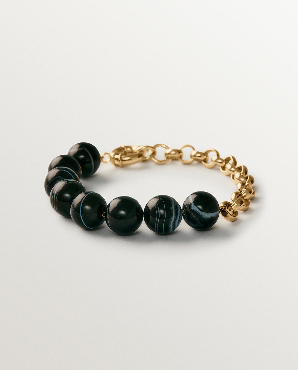 Pulsera bañada en oro amarillo con ágata negra y motivo de esferas - Aristocrazy - Negro Negro-1