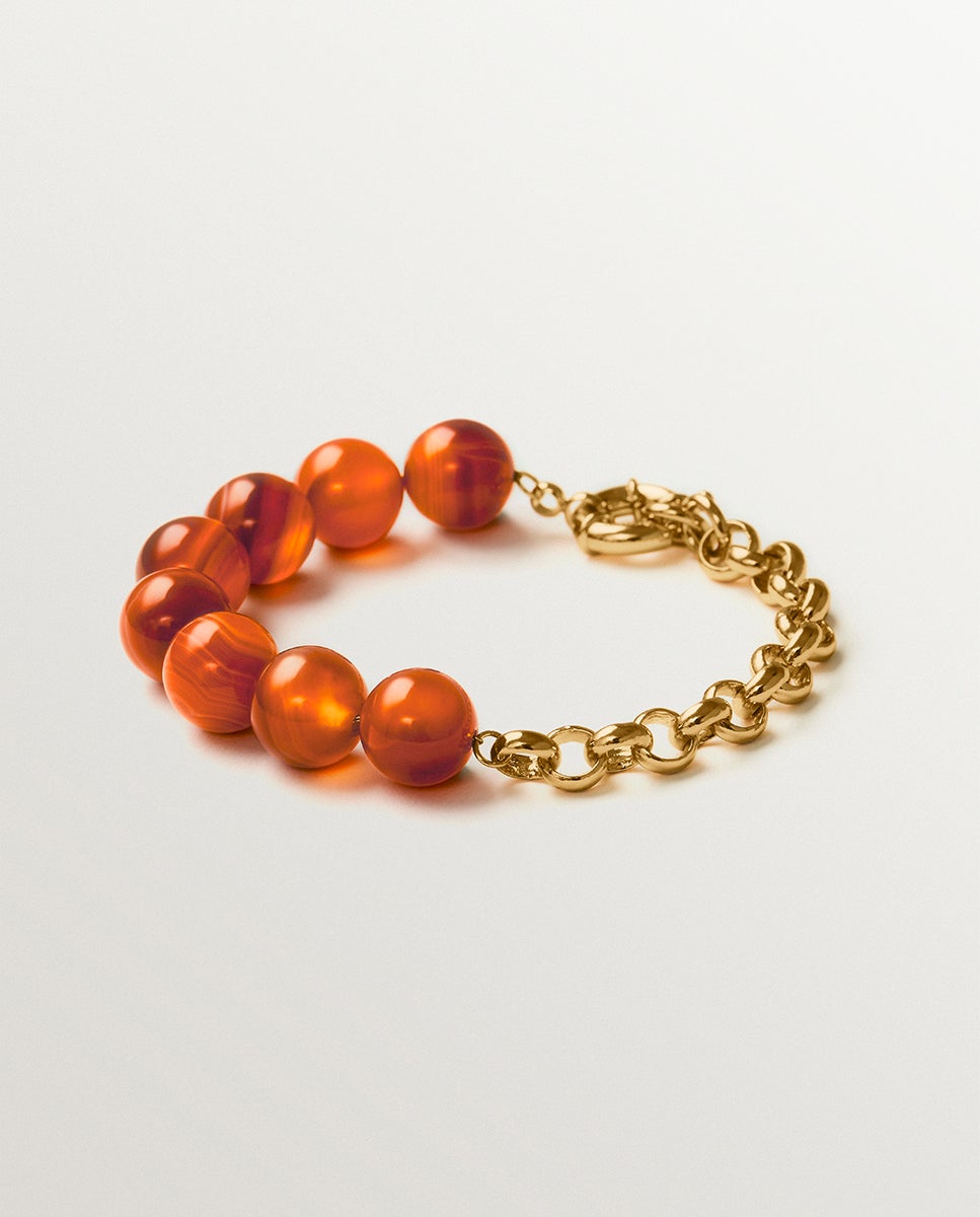 Pulsera bañada en oro amarillo con ágata roja y motivo de esferas - Aristocrazy - Rojo Rojo-1