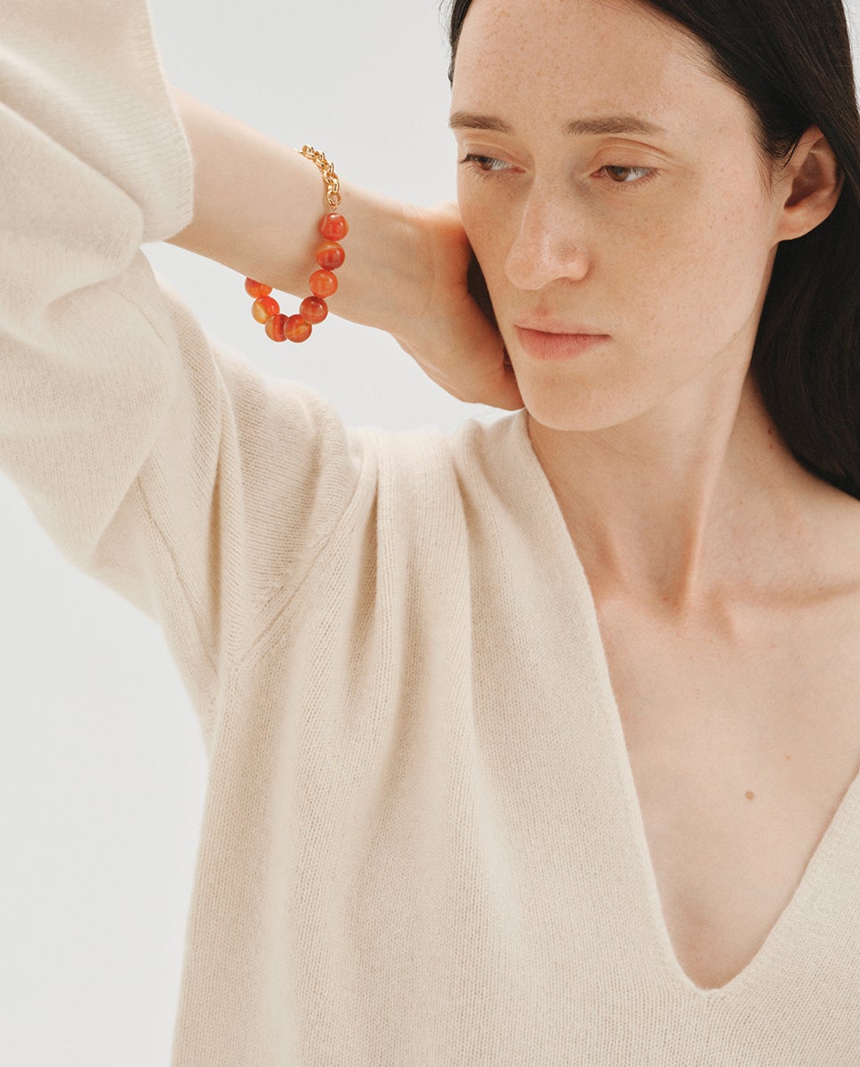 Pulsera bañada en oro amarillo con ágata roja y motivo de esferas - Aristocrazy - Rojo Rojo-4