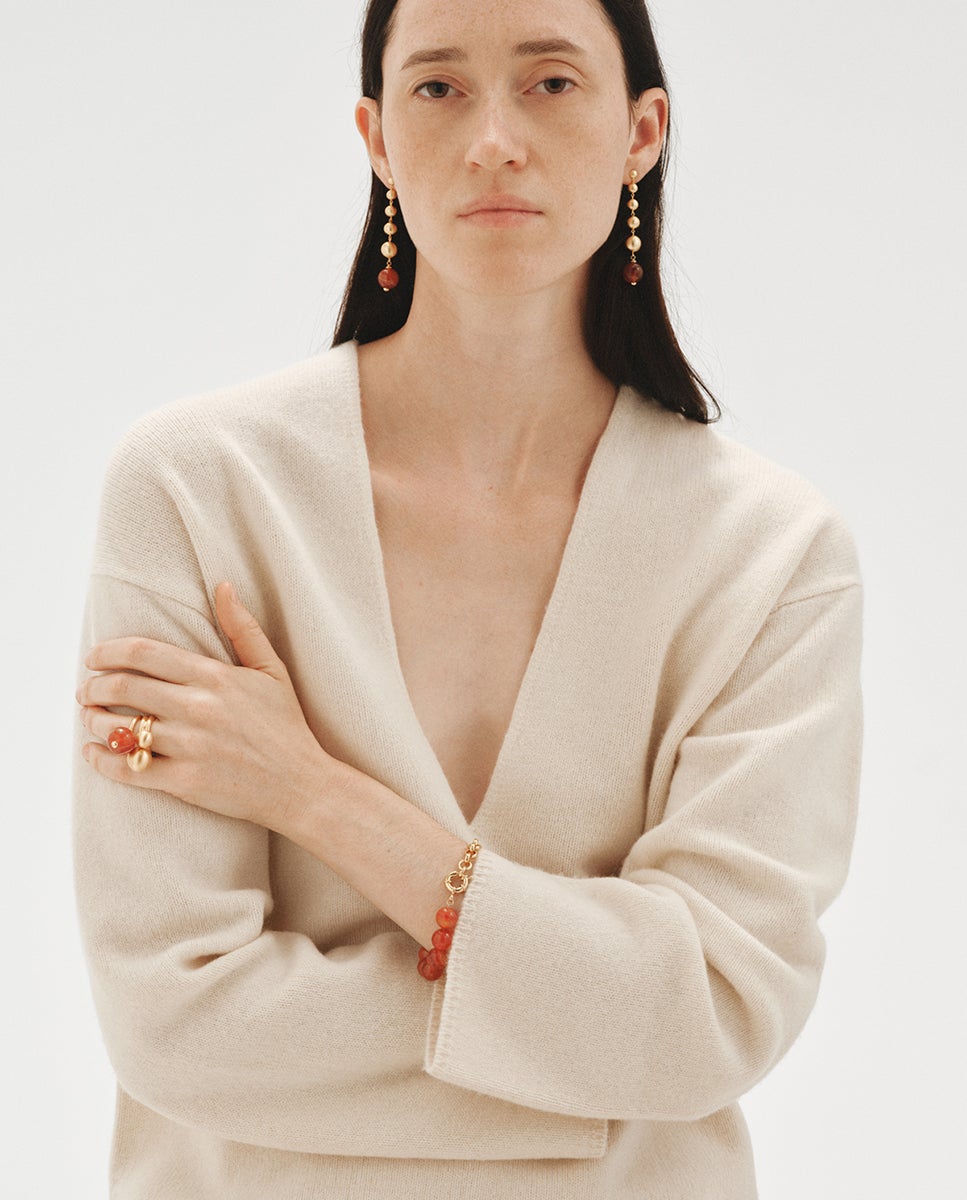 Pulsera bañada en oro amarillo con ágata roja y motivo de esferas - Aristocrazy - Rojo Rojo-6