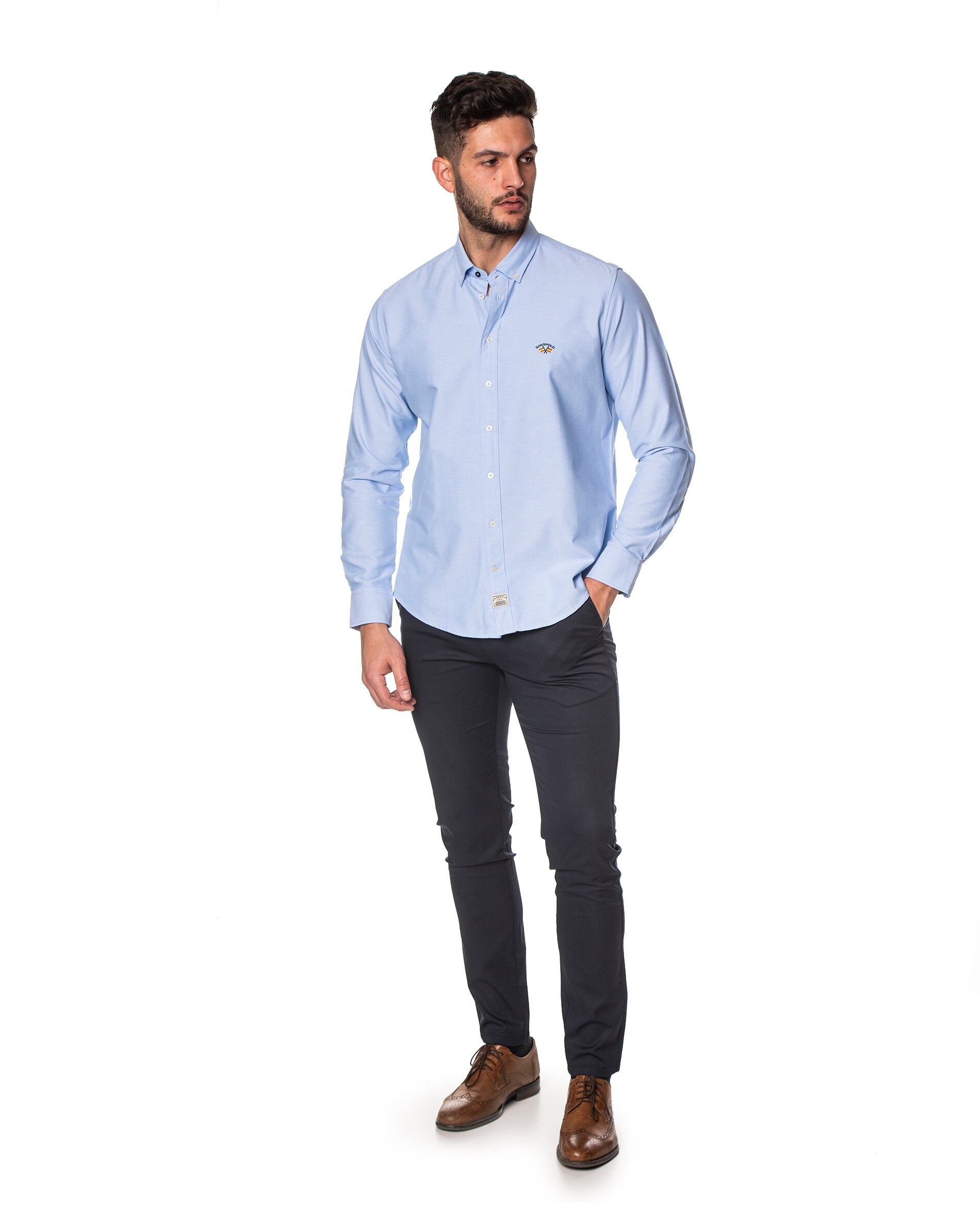 Camisa oxford de hombre regular liso en azul Colección Bandera - Spagnolo - Azul Azul-4