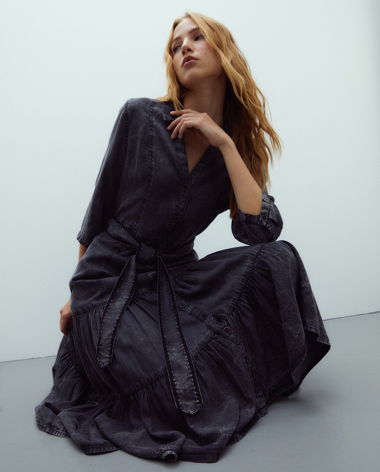 Vestido midi camisero tencel manga francesa - Andam - Gris oscuro Gris oscuro-1