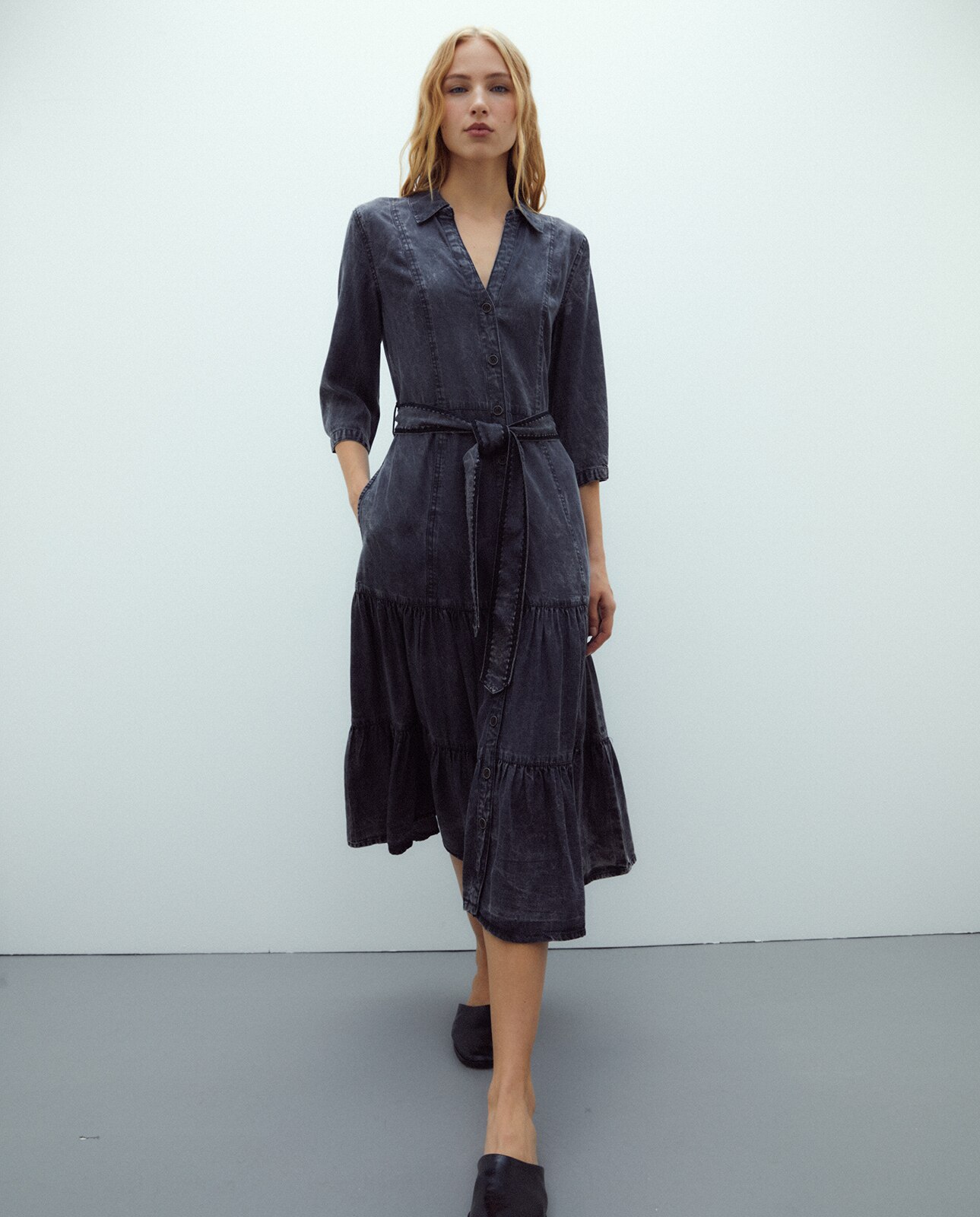 Vestido midi camisero tencel manga francesa - Andam - Gris oscuro Gris oscuro-2