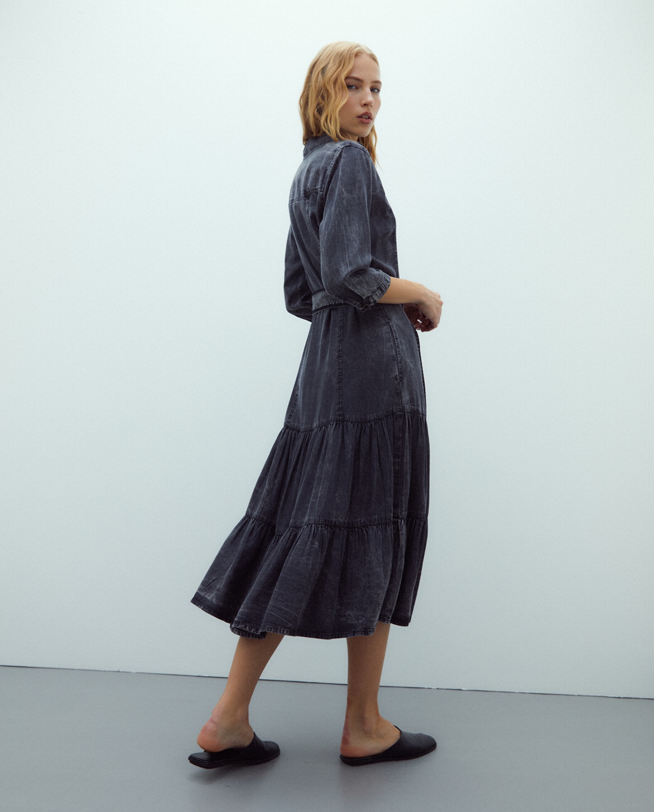 Vestido midi camisero tencel manga francesa - Andam - Gris oscuro Gris oscuro-3