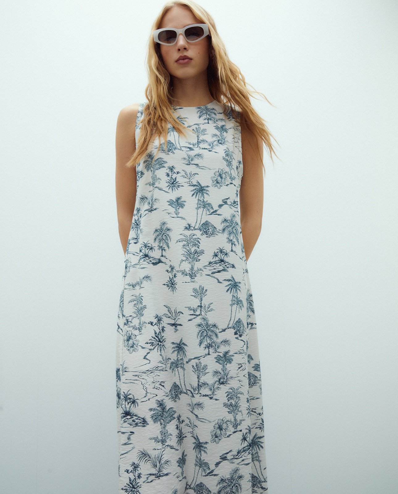 Vestido midi estampado cuello redondo sin mangas - Andam - Crudo Crudo-2