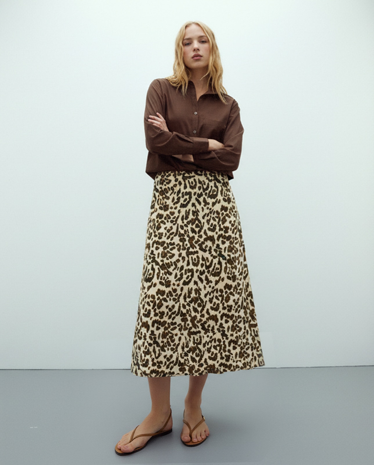 Falda midi estampado animal print - Andam - Marrón Marrón-4
