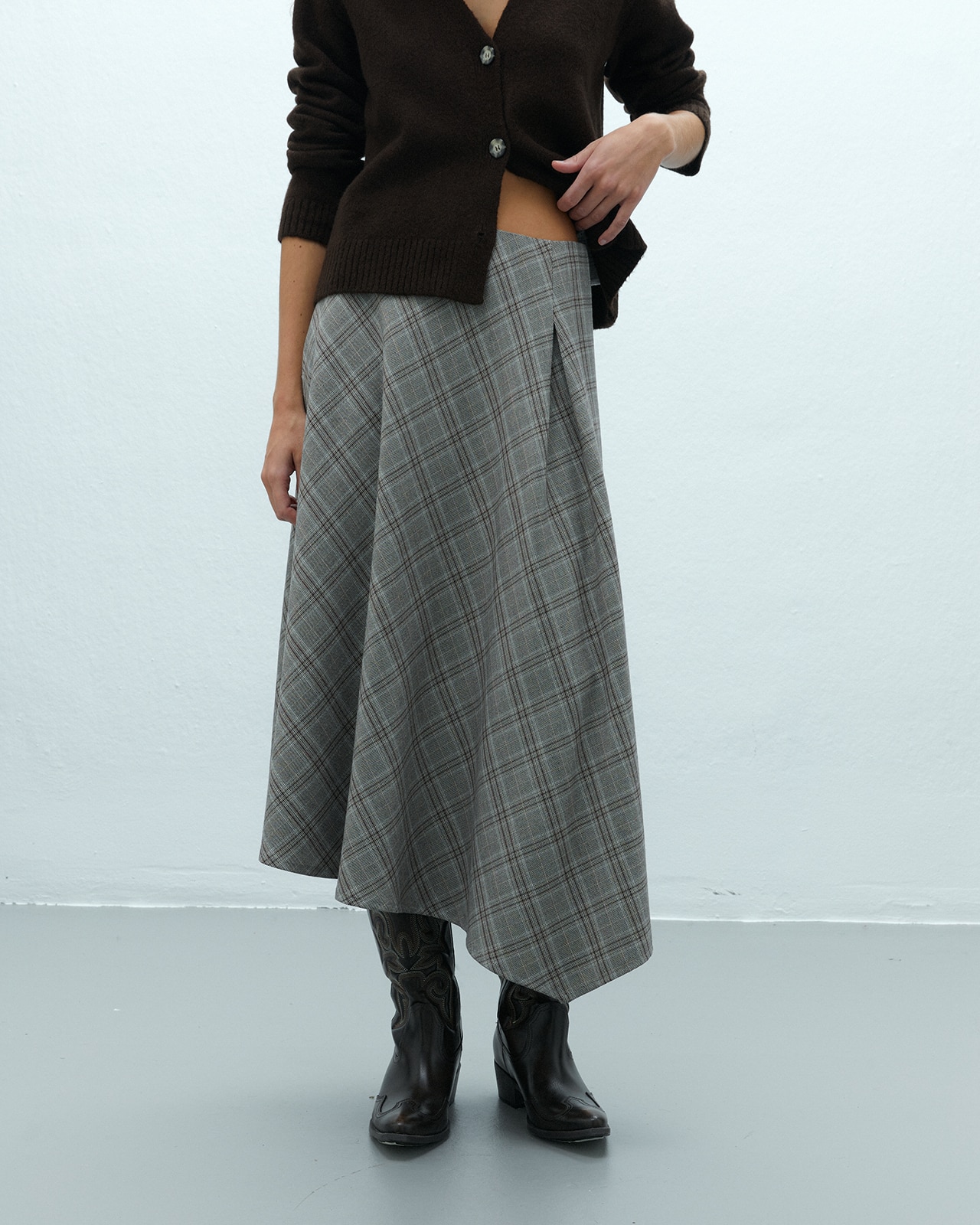 Falda midi estampada cuadros cintura elástica - Andam - Marrón Marrón-2