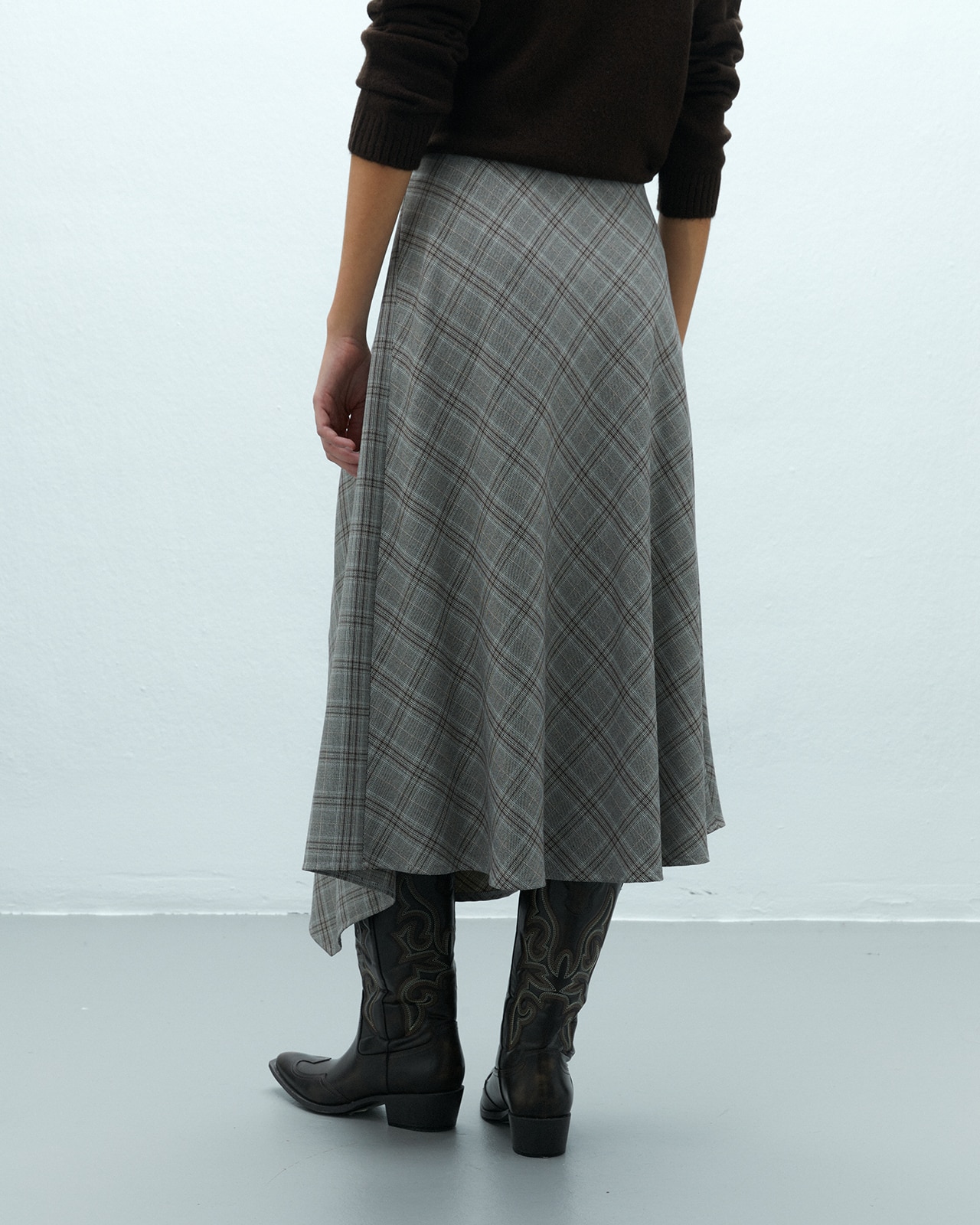 Falda midi estampada cuadros cintura elástica - Andam - Marrón Marrón-3