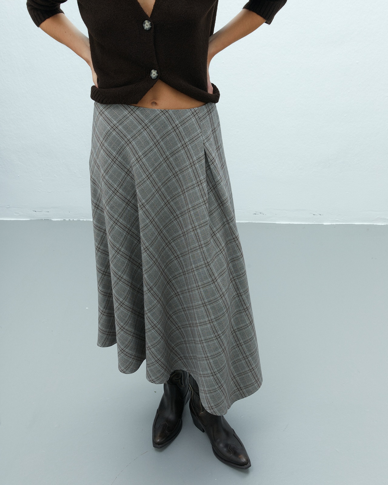 Falda midi estampada cuadros cintura elástica - Andam - Marrón Marrón-4