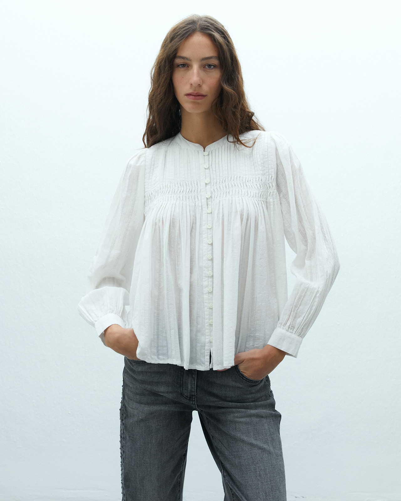 Camisa de mujer manga larga cuello mao - Andam - Crudo Crudo-2