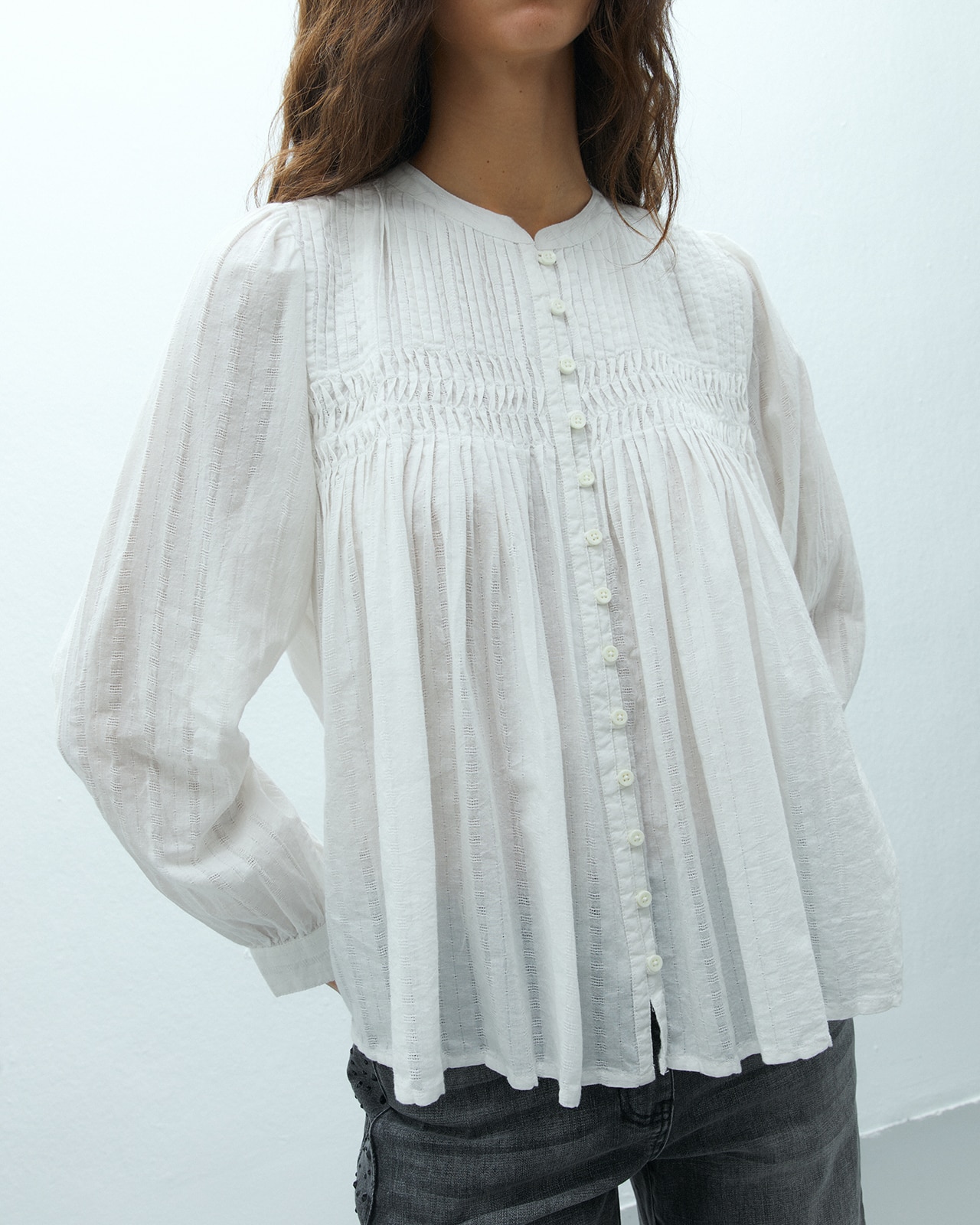 Camisa de mujer manga larga cuello mao - Andam - Crudo Crudo-4