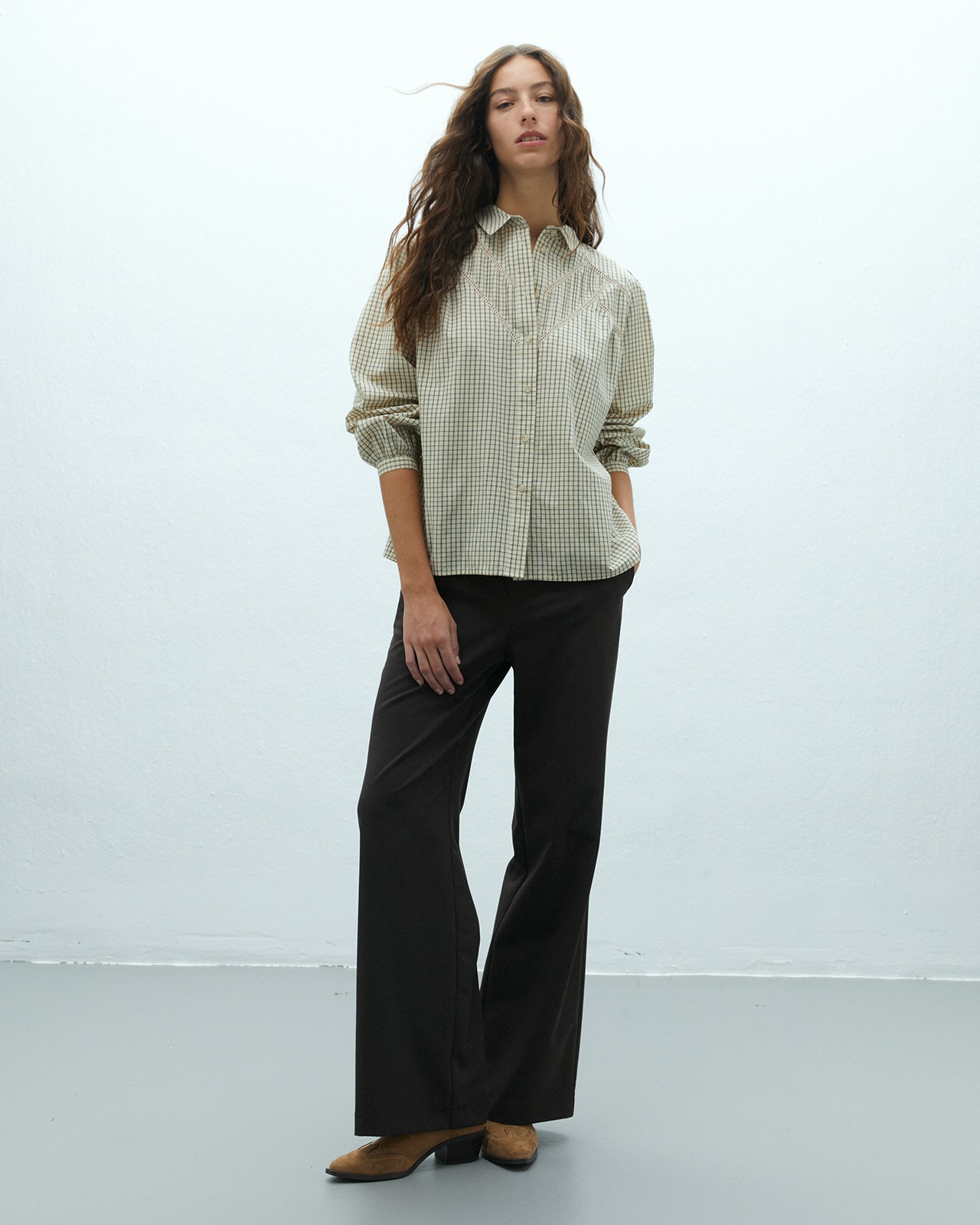 Camisa de mujer estampado cuadros cuello camisero - Andam - Beige Beige-1