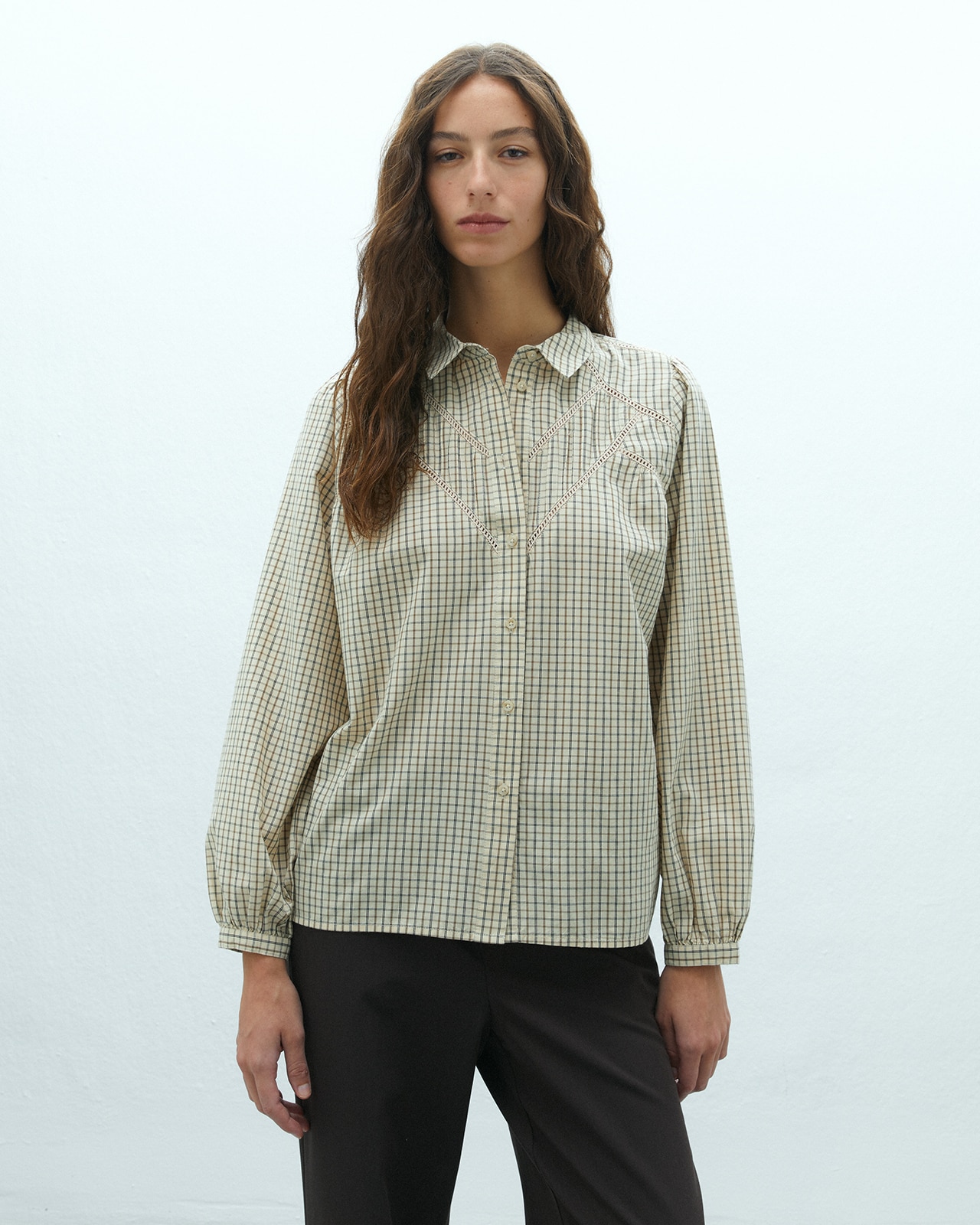 Camisa de mujer estampado cuadros cuello camisero - Andam - Beige Beige-2