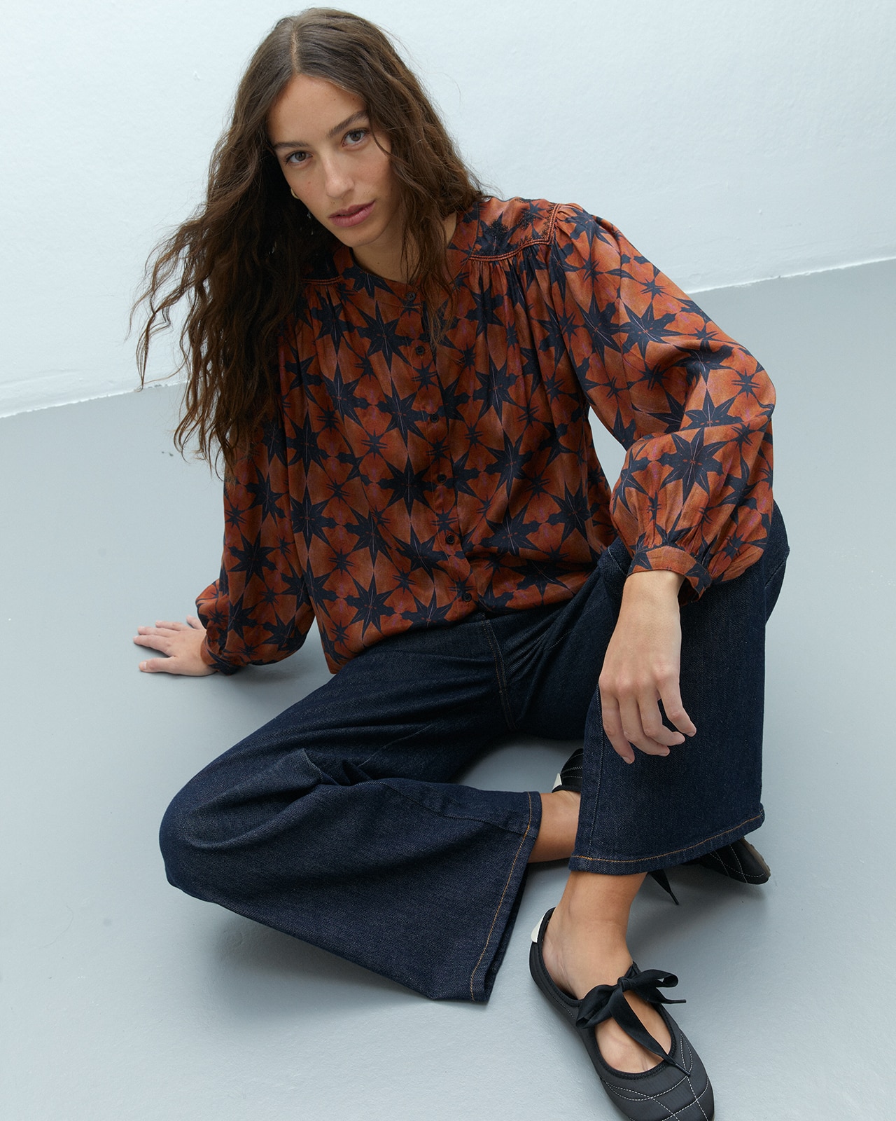 Camisa de mujer estampada cuello mao - Andam - Naranja Naranja-1