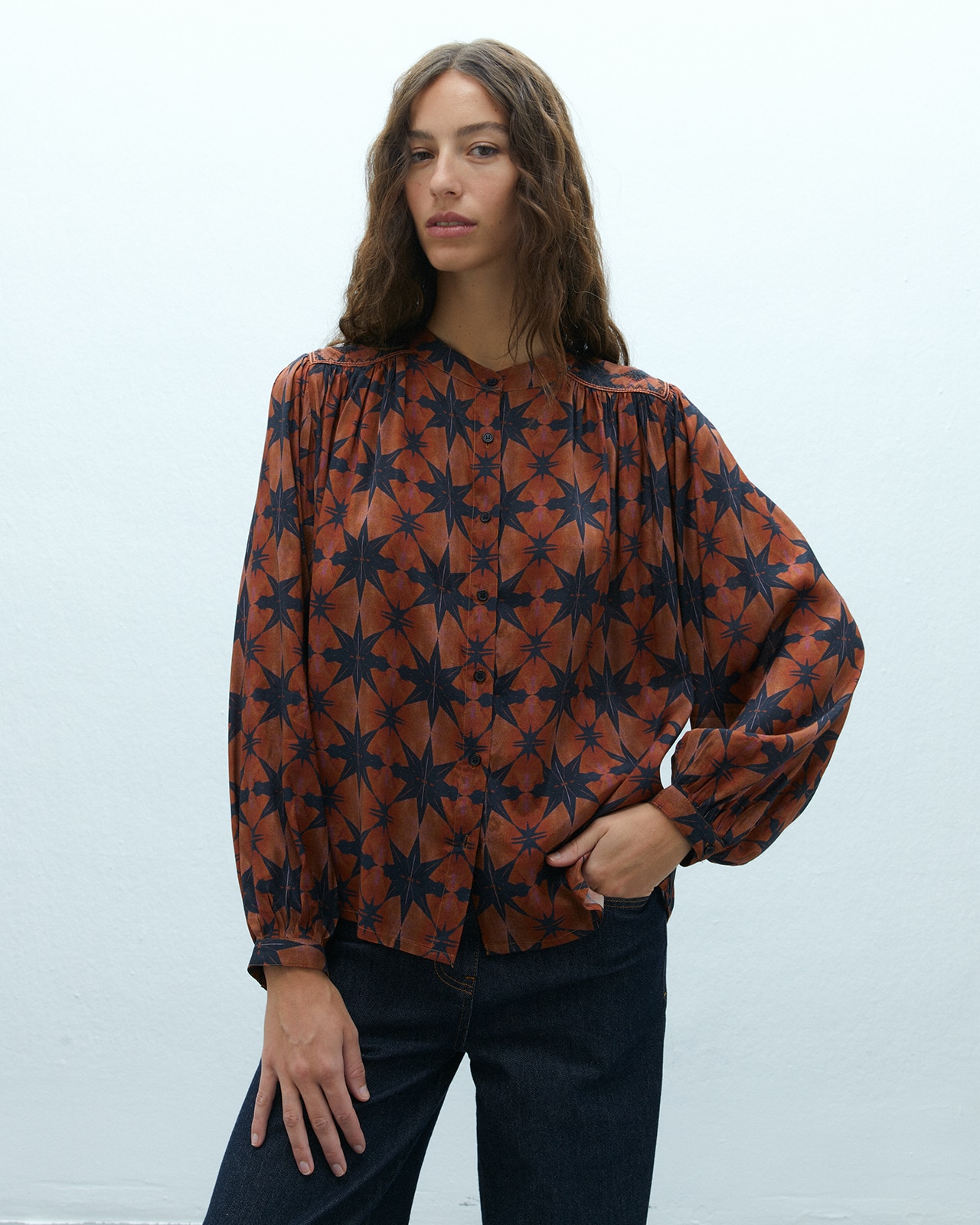 Camisa de mujer estampada cuello mao - Andam - Naranja Naranja-2