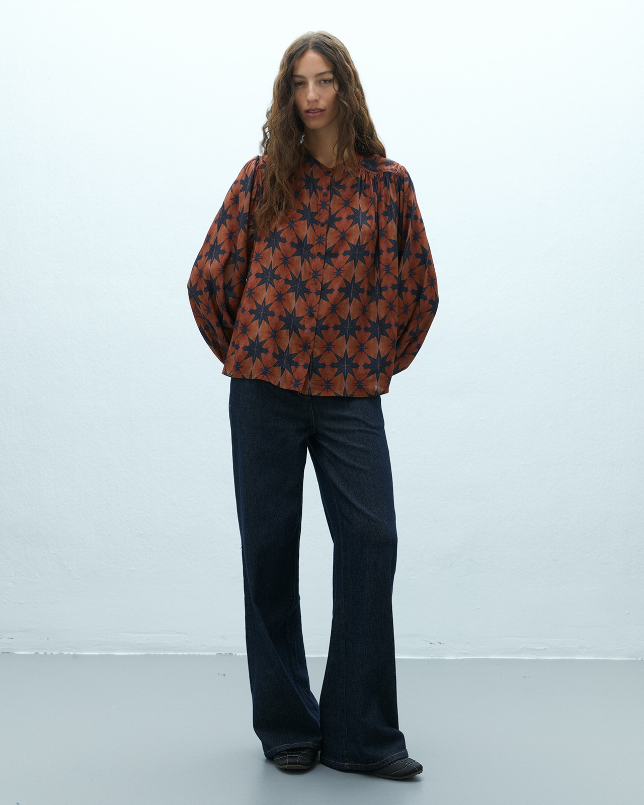 Camisa de mujer estampada cuello mao - Andam - Naranja Naranja-4