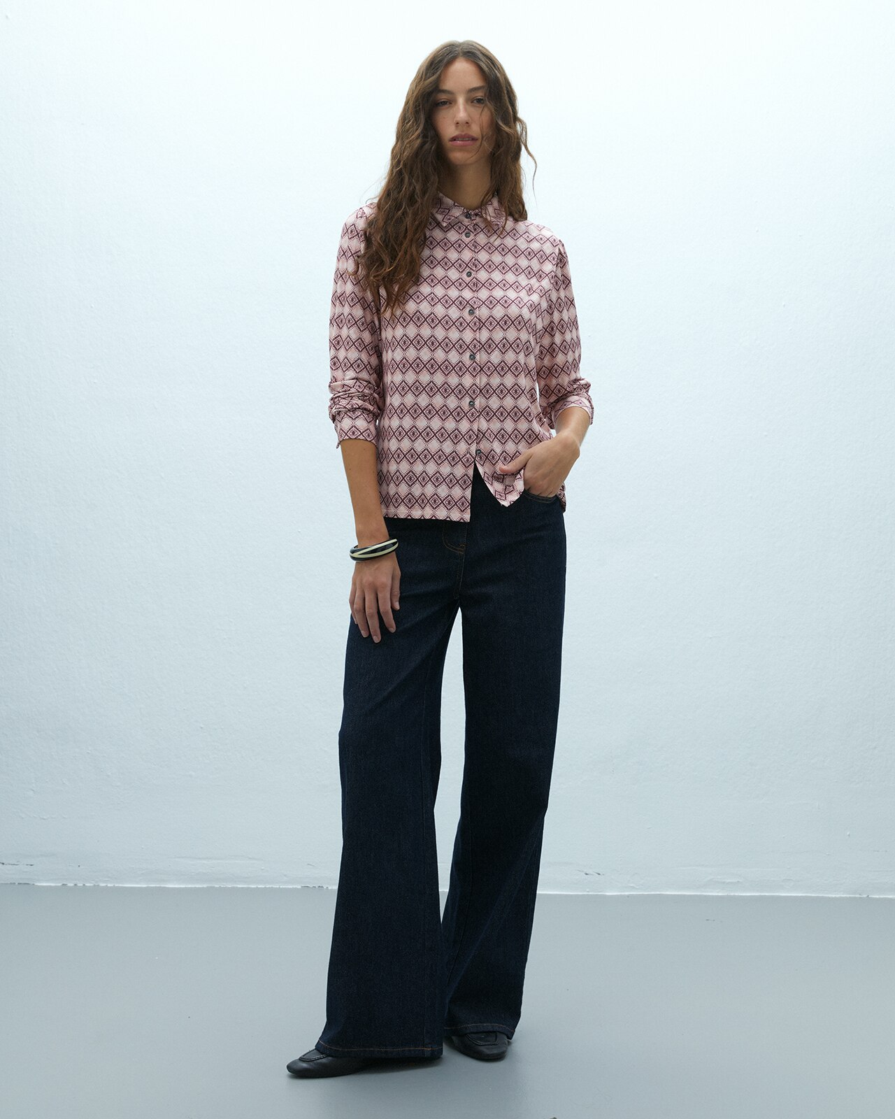 Camisa de mujer en punto estampado cuello camisero - Andam - Rosa Rosa-1