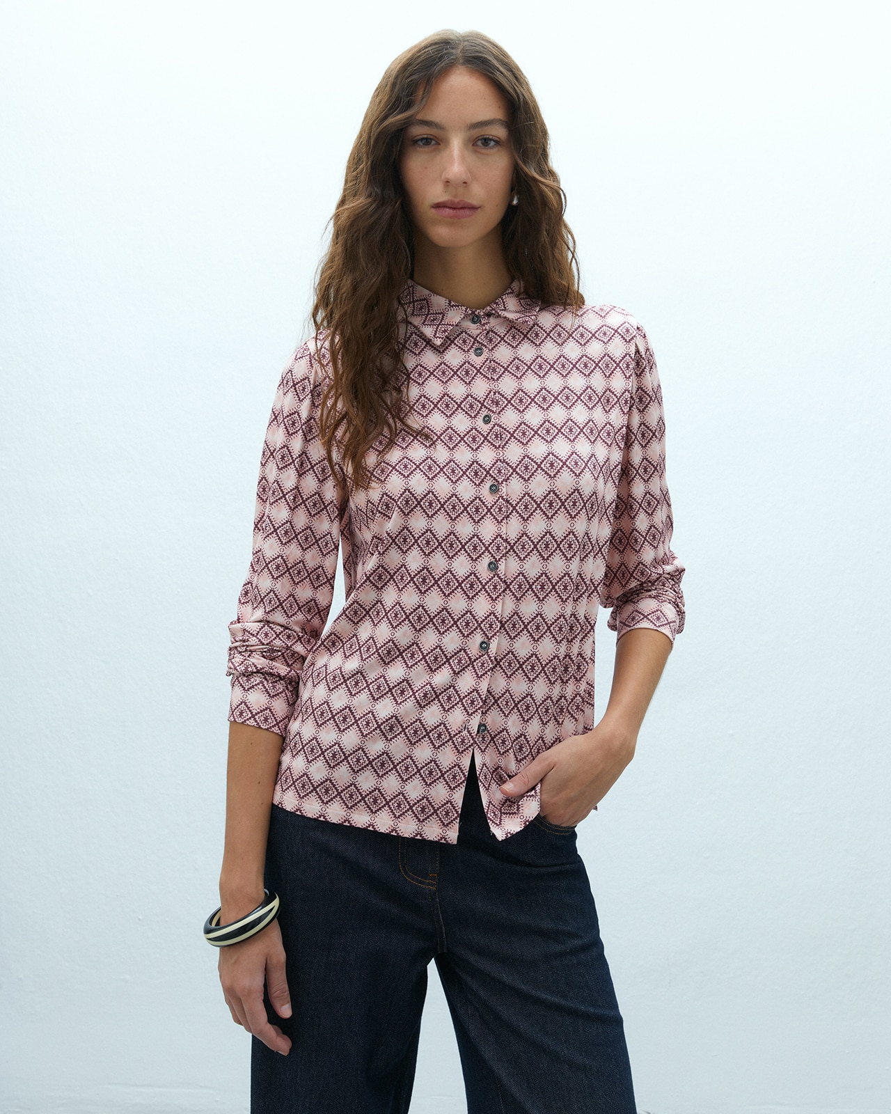 Camisa de mujer en punto estampado cuello camisero - Andam - Rosa Rosa-2