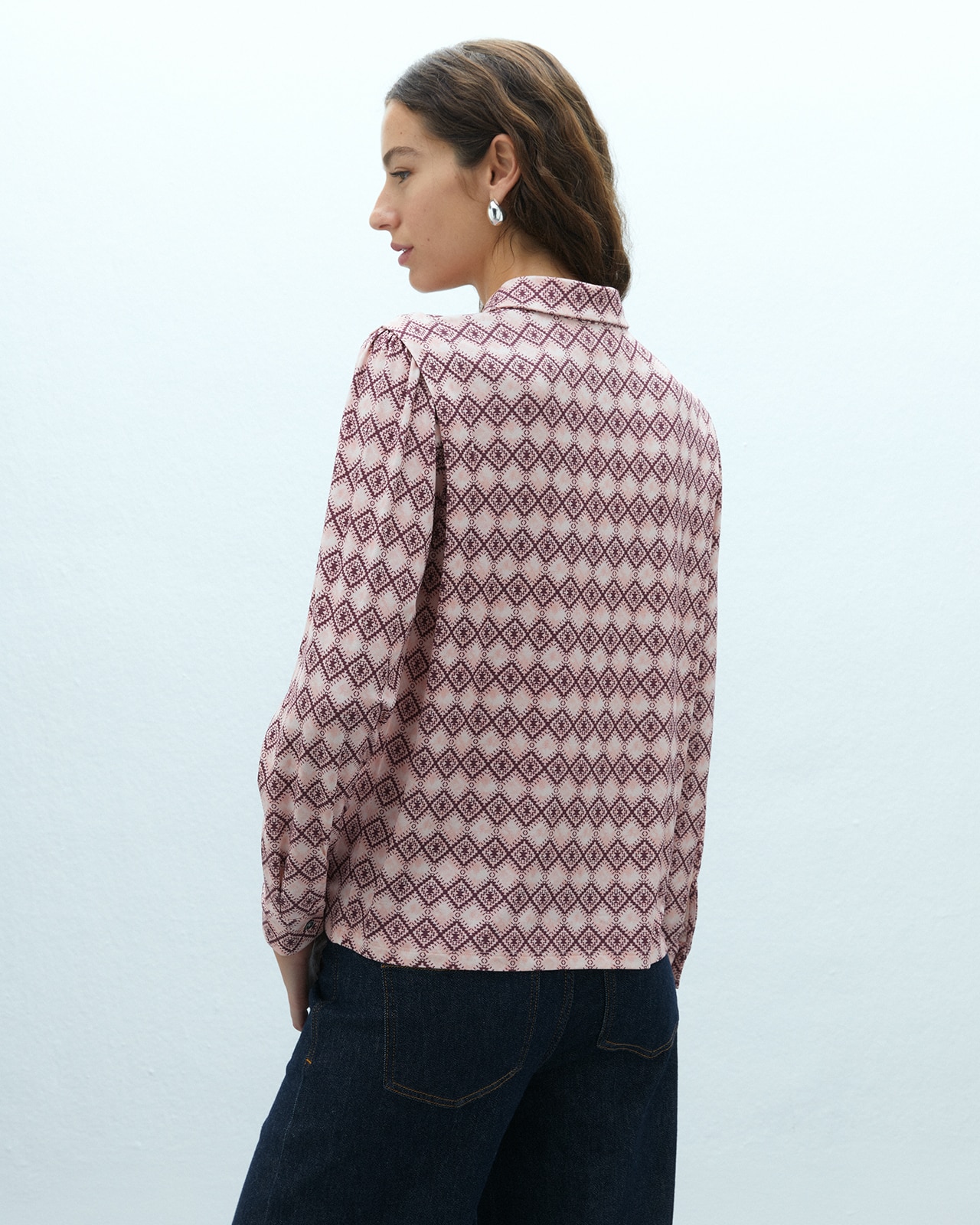 Camisa de mujer en punto estampado cuello camisero - Andam - Rosa Rosa-3