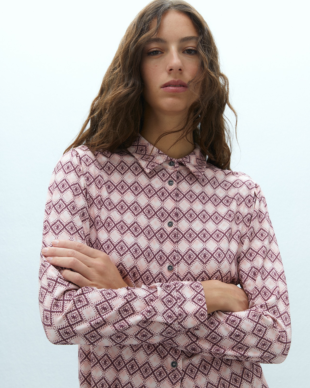 Camisa de mujer en punto estampado cuello camisero - Andam - Rosa Rosa-4
