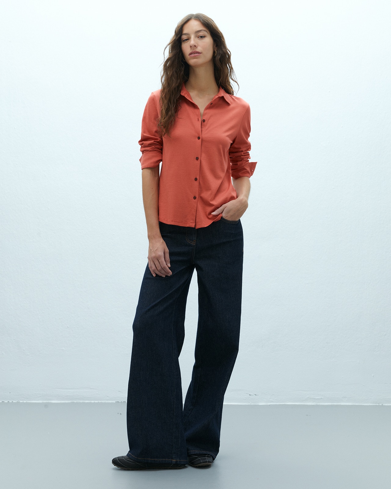 Camisa de mujer en punto liso manga larga - Andam - Naranja Naranja-1