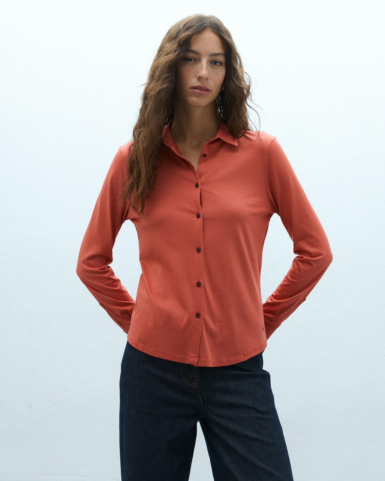 Camisa de mujer en punto liso manga larga - Andam - Naranja Naranja-2