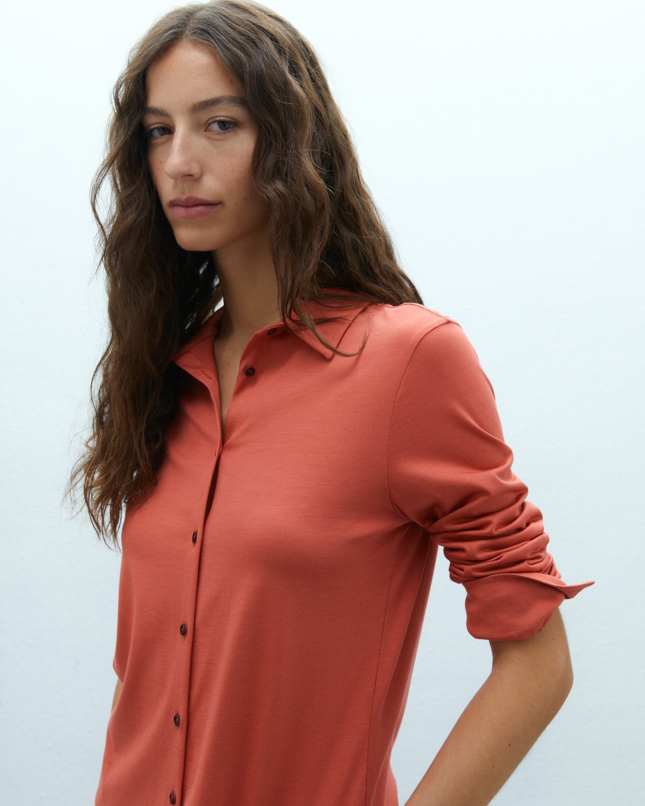 Camisa de mujer en punto liso manga larga - Andam - Naranja Naranja-4