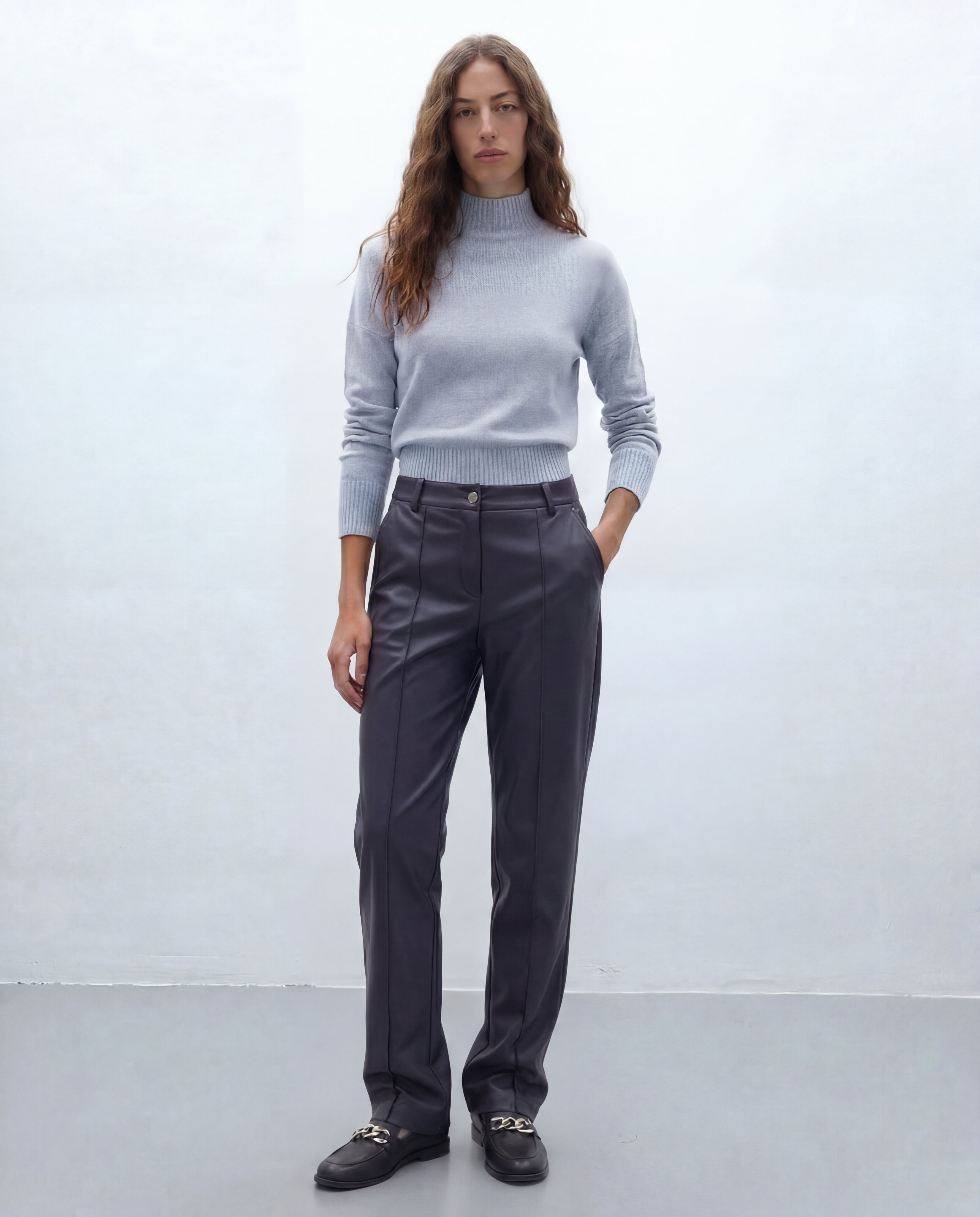Pantalón recto de mujer ecopiel elástico - Andam - Azul marino Azul marino-1