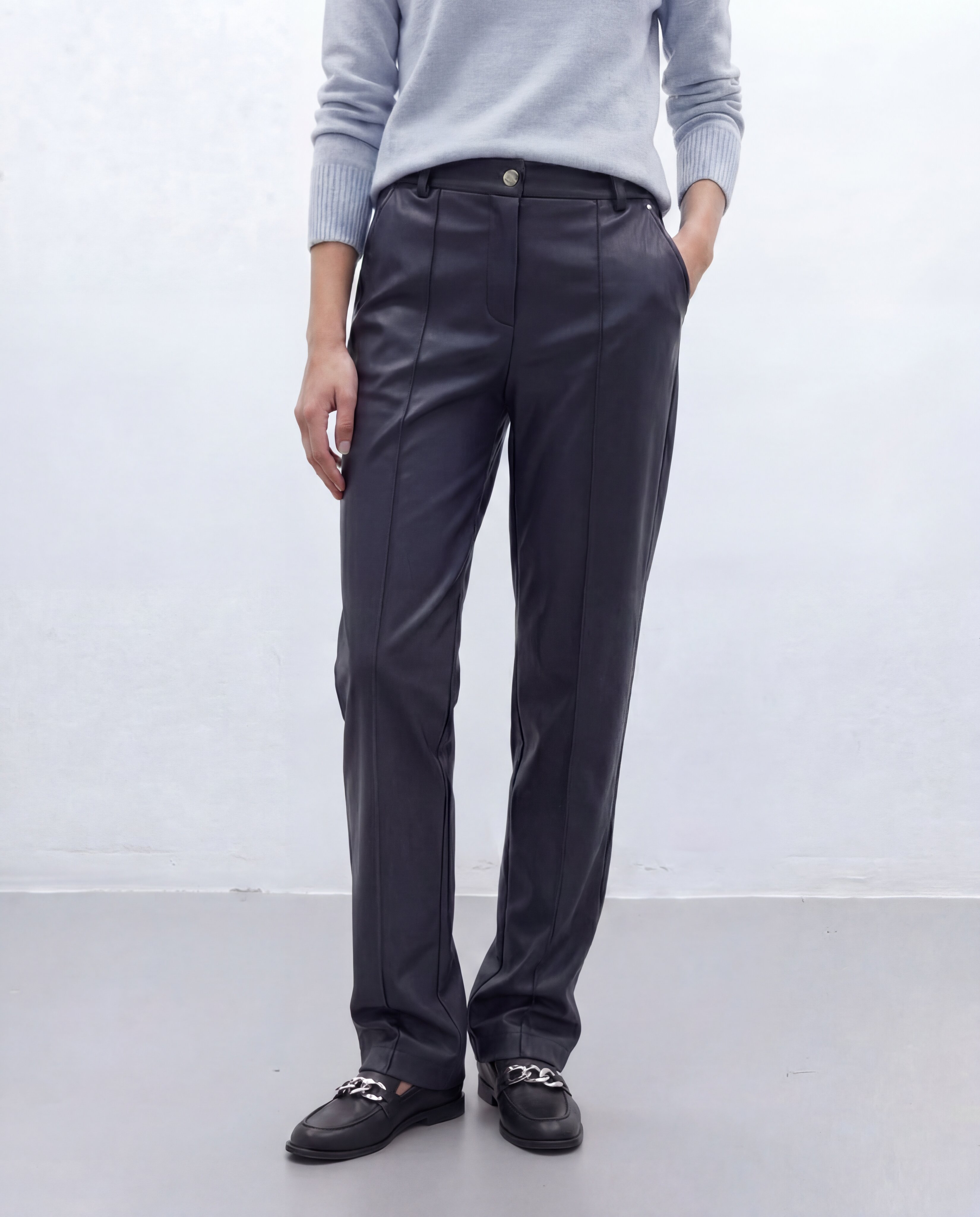 Pantalón recto de mujer ecopiel elástico - Andam - Azul marino Azul marino-2