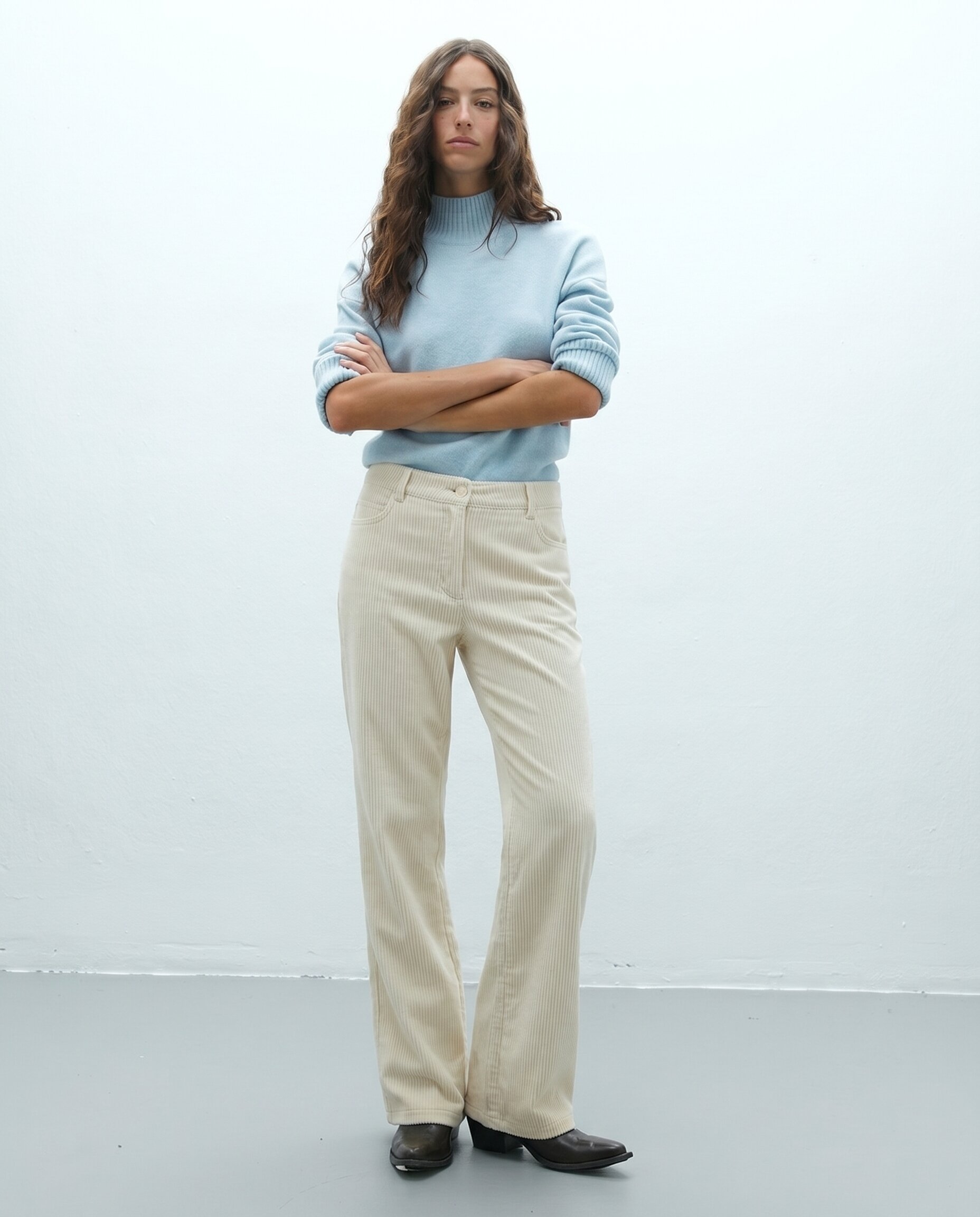 Pantalón recto mujer pana tiro medio cinco bolsillos - Andam - Crudo Crudo-1