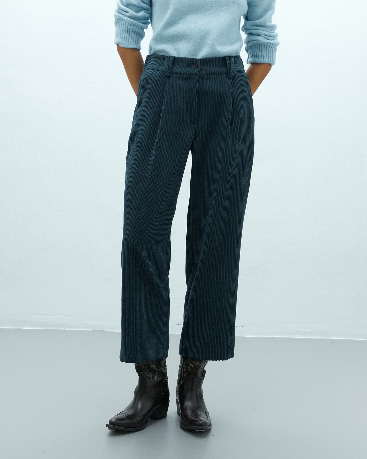 Pantalón ancho de mujer tobillero pinzas de pana - Andam - Azul marino Azul marino-2