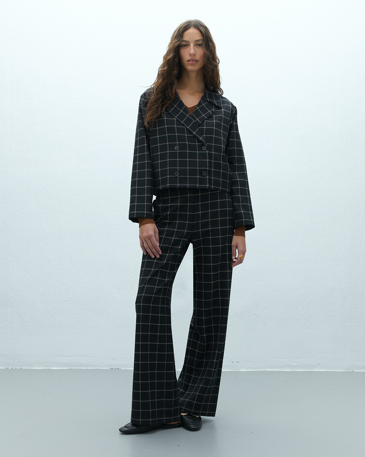 Pantalón ancho de mujer estampado cuadros - Andam - Negro Negro-1
