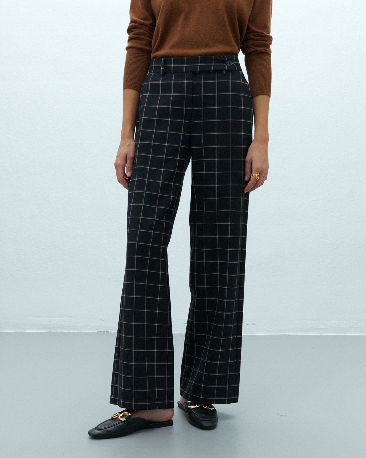 Pantalón ancho de mujer estampado cuadros - Andam - Negro Negro-2